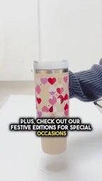 40oz Insulated Stainless Steel Tumbler Handle Straw Lid with heart designs and festive elements