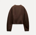 Slim-Fit Stand Collar Jacket & Skirt Set - back view of brown long-sleeve jacket with stand collar.