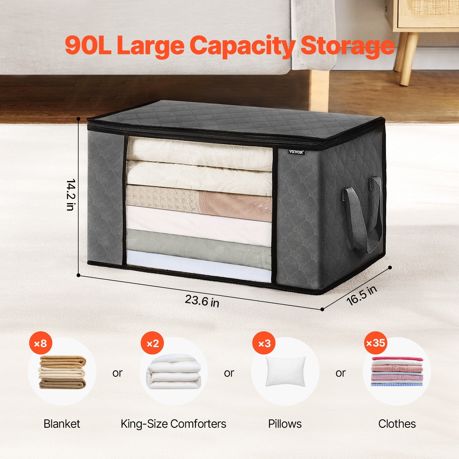 90L Large Storage Bags, 6 Pack Clothes Storage Bin, Foldable Closet Organizers Containers With Handle, Nov-woven Fabric Storage Bag For Clothing, Blanket, Comforter, Bed Sheet, Pillow Grey.